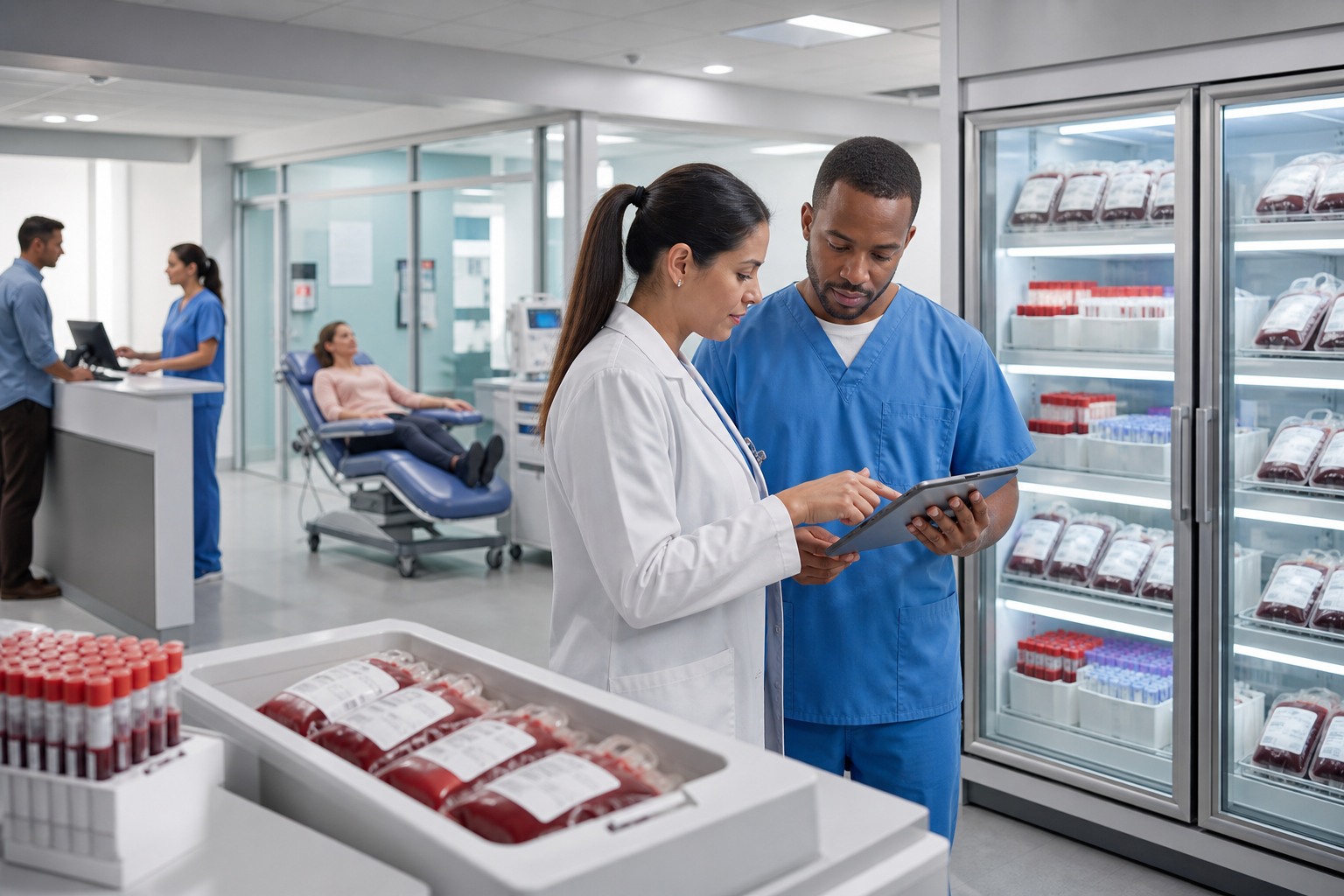 Blood bank staff managing donor records and blood inventory
