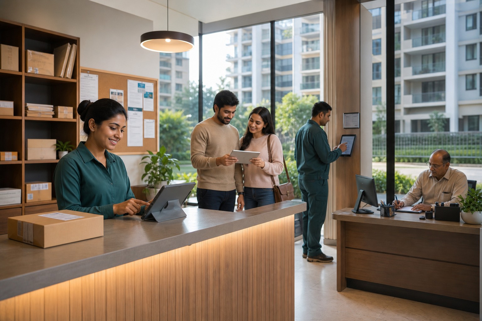 Society management office with residents and apartment operations